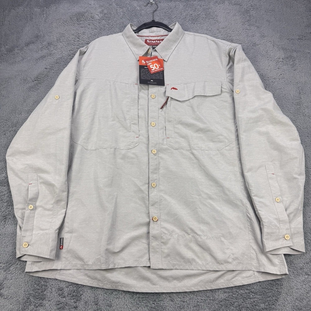 Simms Guide Fishing Shirt Men 2XL Gray LS Zip Pockets Wicking Trout Outdoors